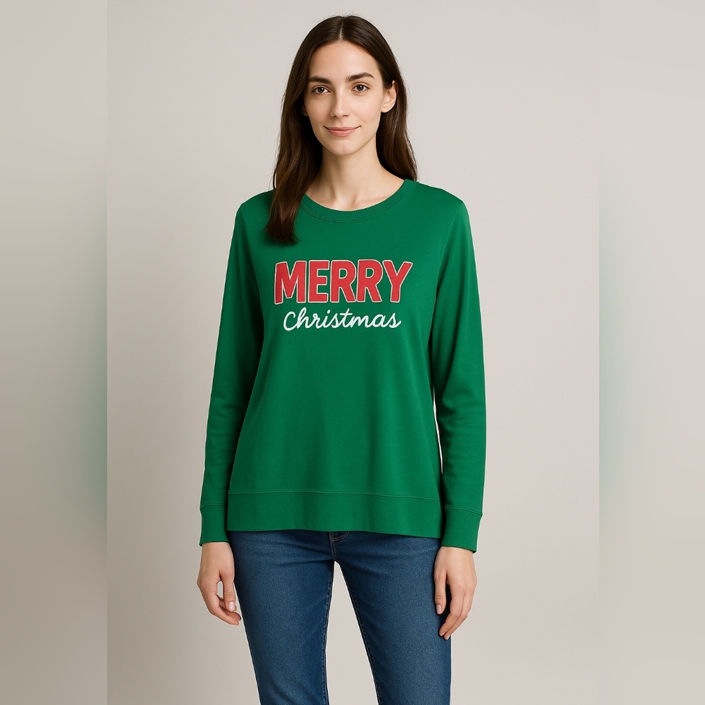 #14 Women's XL Green Merry Christmas Graphic Sweatshirt Holiday Top